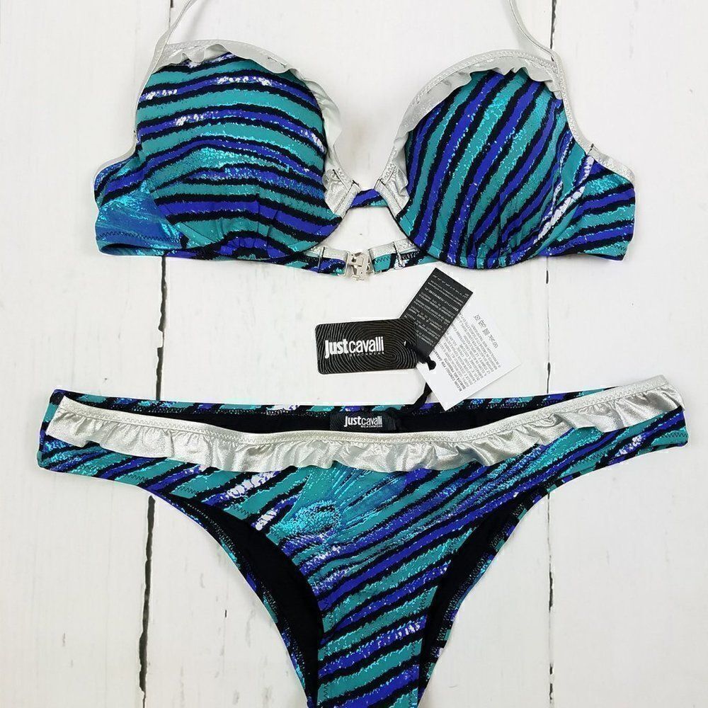 New Just Cavalli Women L Stretch Bikini Blue Silver Push-Up Two Piece Swimsuit